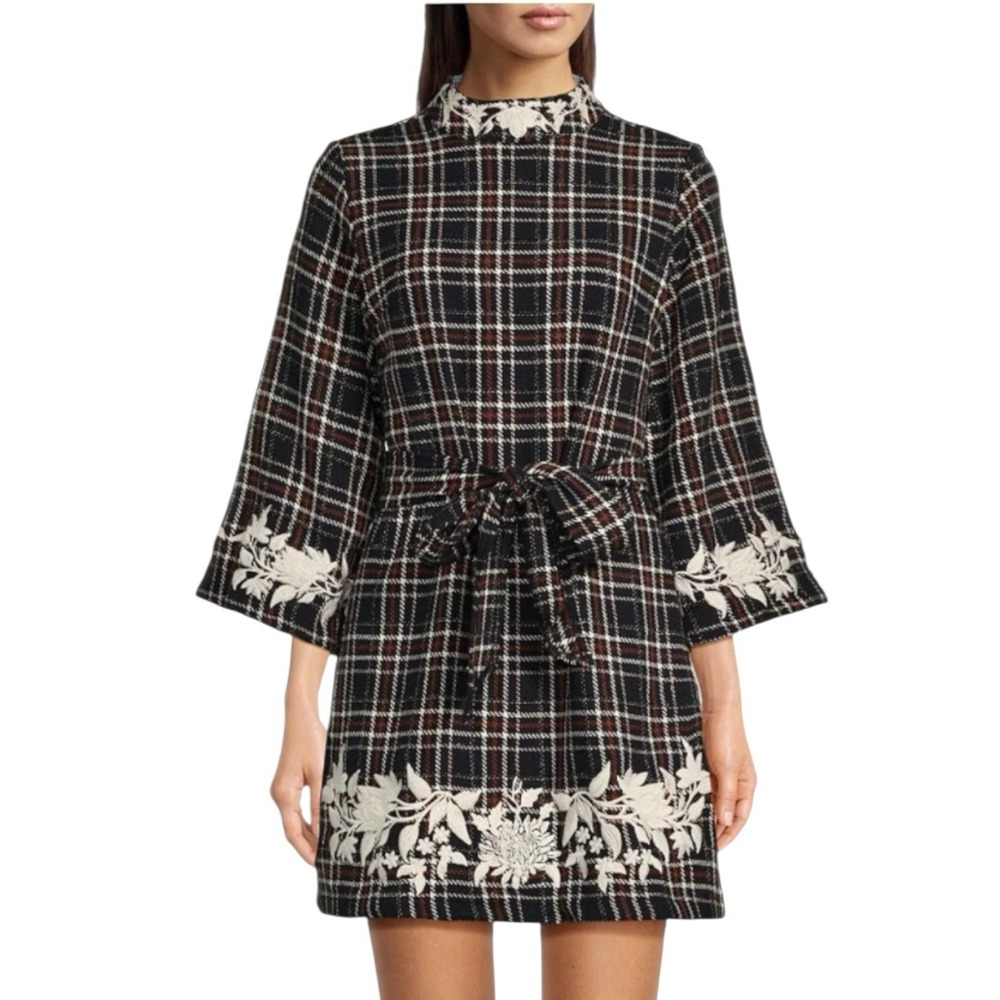 Fanm Mon Layla Tweed Mini Dress Size Small Mock Neck Blue Plaid Embroidered - Picture 2 of 15